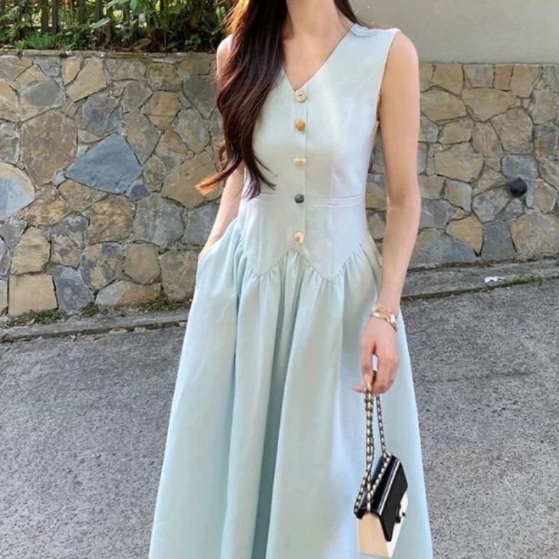 Fashion Blue Sleeveless Suspender Vest Dress 2025 Spring and Summer Women's Waist Long Pastoral A-line Skirt