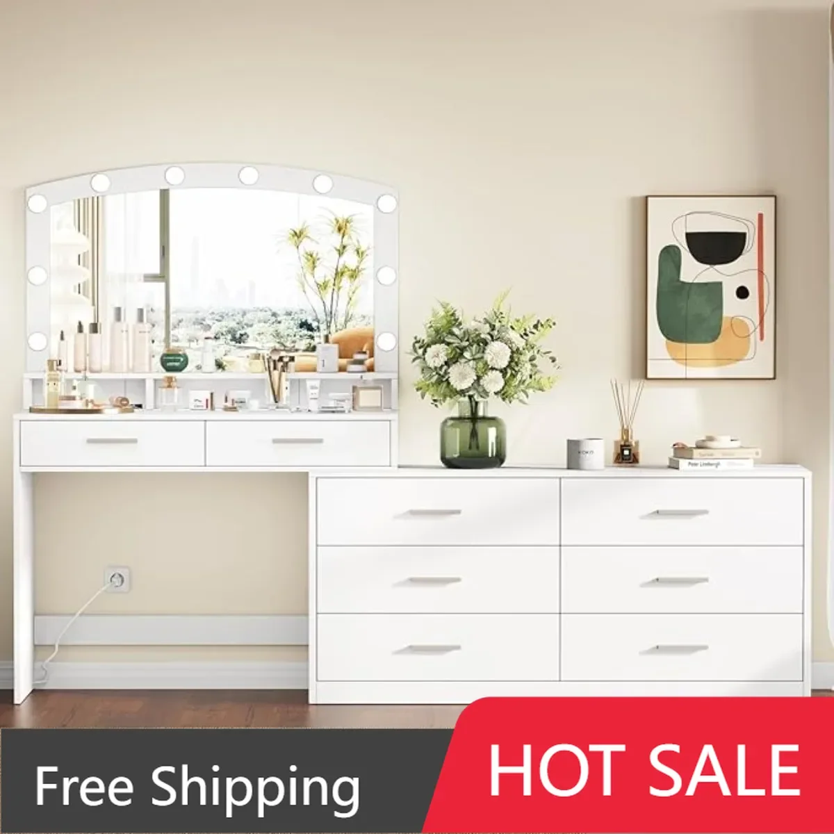 Vanity Desk with Large Mirror and 3-Color Lights, Makeup Vanity with 8 Drawers & Open Shelf, Side Cabinet with Width Adjustable