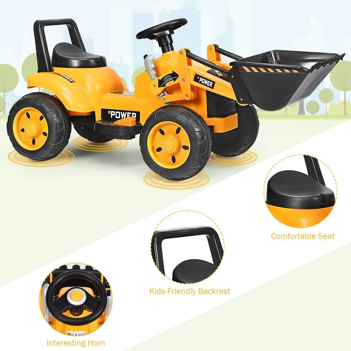 Passeio em carro, brinquedo de escavadeira com carregadeira frontal, buzina, frente/traseira, balde de escavação controlável, escavadeira, elétrico alimentado por bateria de 6V