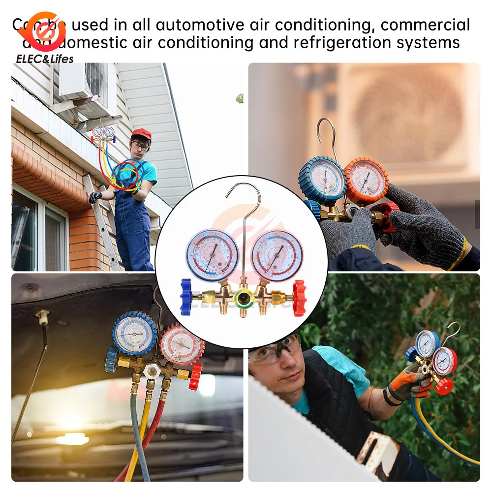 R134a Air Conditioning Pressure Gauge with Hose and Hook 3 Way AC Diagnostic Manifold Gauge Set Freon For R12 R22 R404A R134a