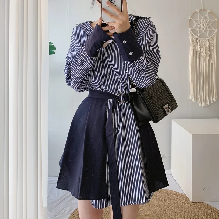 

2Color Autumn Spring 2026 French Style Turn Down Collar Long Sleeve Shirt Loose Blouse Female Outwear tops+skirt 2pcs set(GE9663
