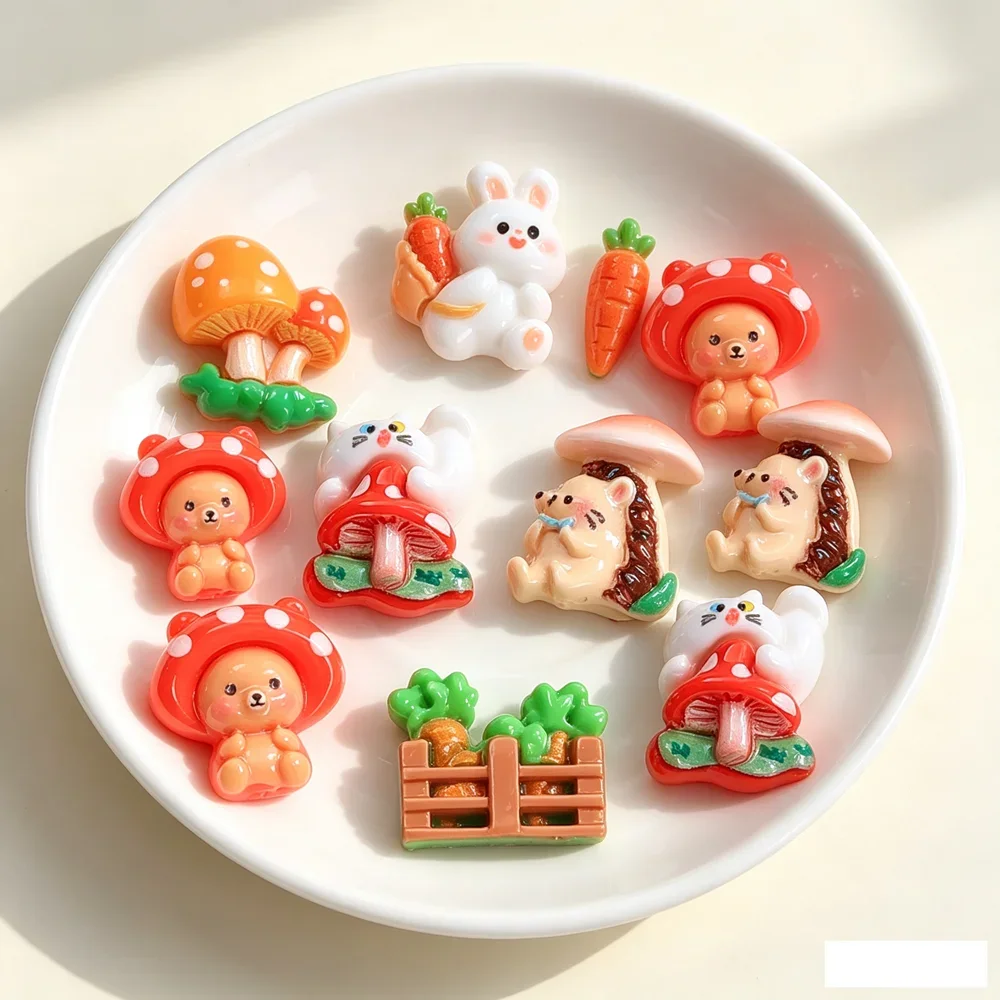 8PCS Mixed Resin Cartoon Mushroom Rabbit, Hedgehog Flat back Cabochon Stone Scrapbook DIY Decor Figurines Crafts Accessories