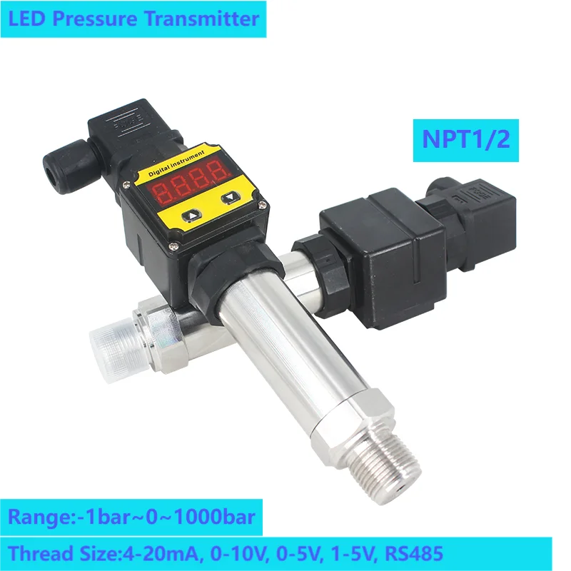 NPT1/2 LED Pressure Transmitter Sensor 15bar 100bar 20bar 4-20mA Pressure Transducer 0-10V 0-5V RS485 Digital Pressure Gauge