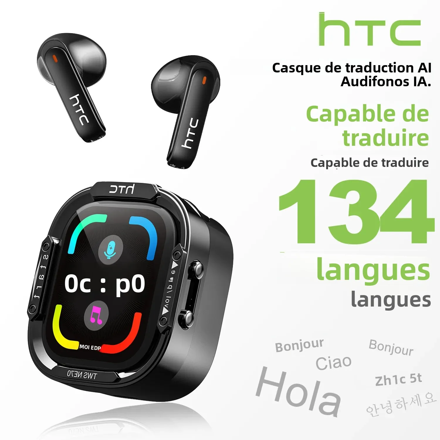Écouteurs sans fil HTC NE70 Bluetooth V6.0 avec écran tactile intelligent, traducteur IA, écouteurs de jeu, basses HD