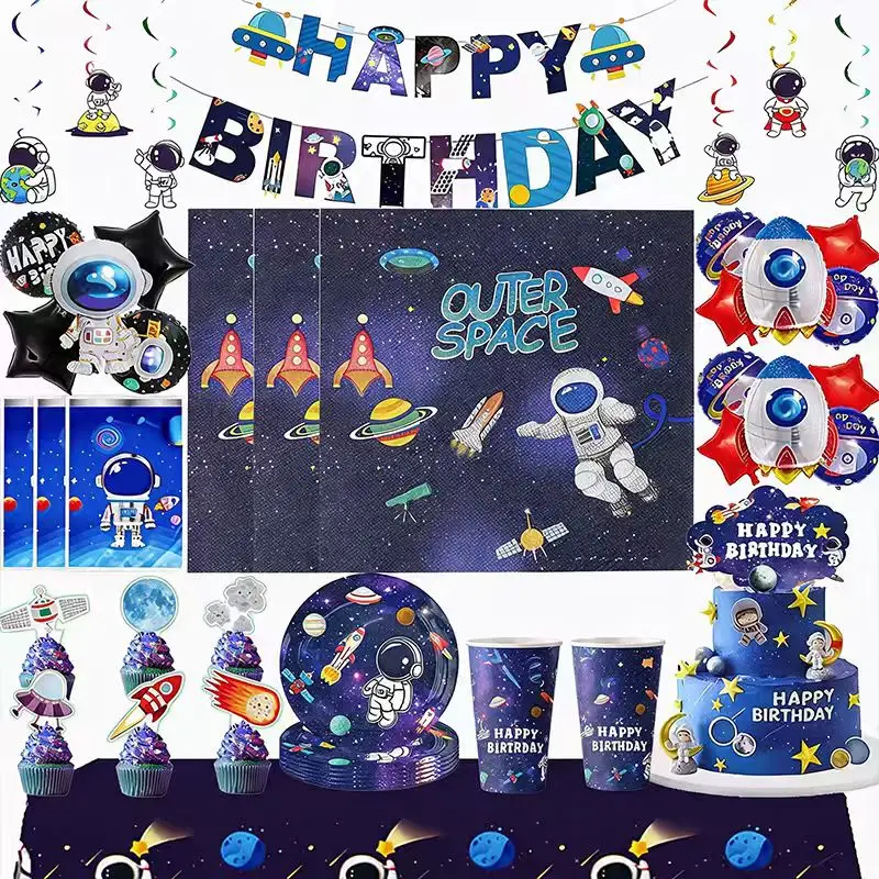 Raum Party Geschirr Weltraum Astronaut Geburtstag Dekoration Tasse Zoll Platte Tischdecke Servietten Banner Für Kinder Liefert – Detail 9