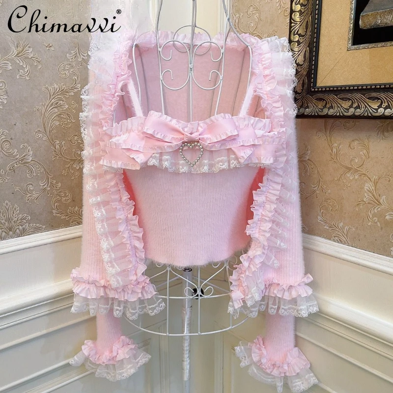 

Princess Lolita Lace Edge Cute Mohair Sweater Cardigan Bow Heart-Shaped Slim-Fit Short Sling Autumn Women Knit Top Two Piece Set