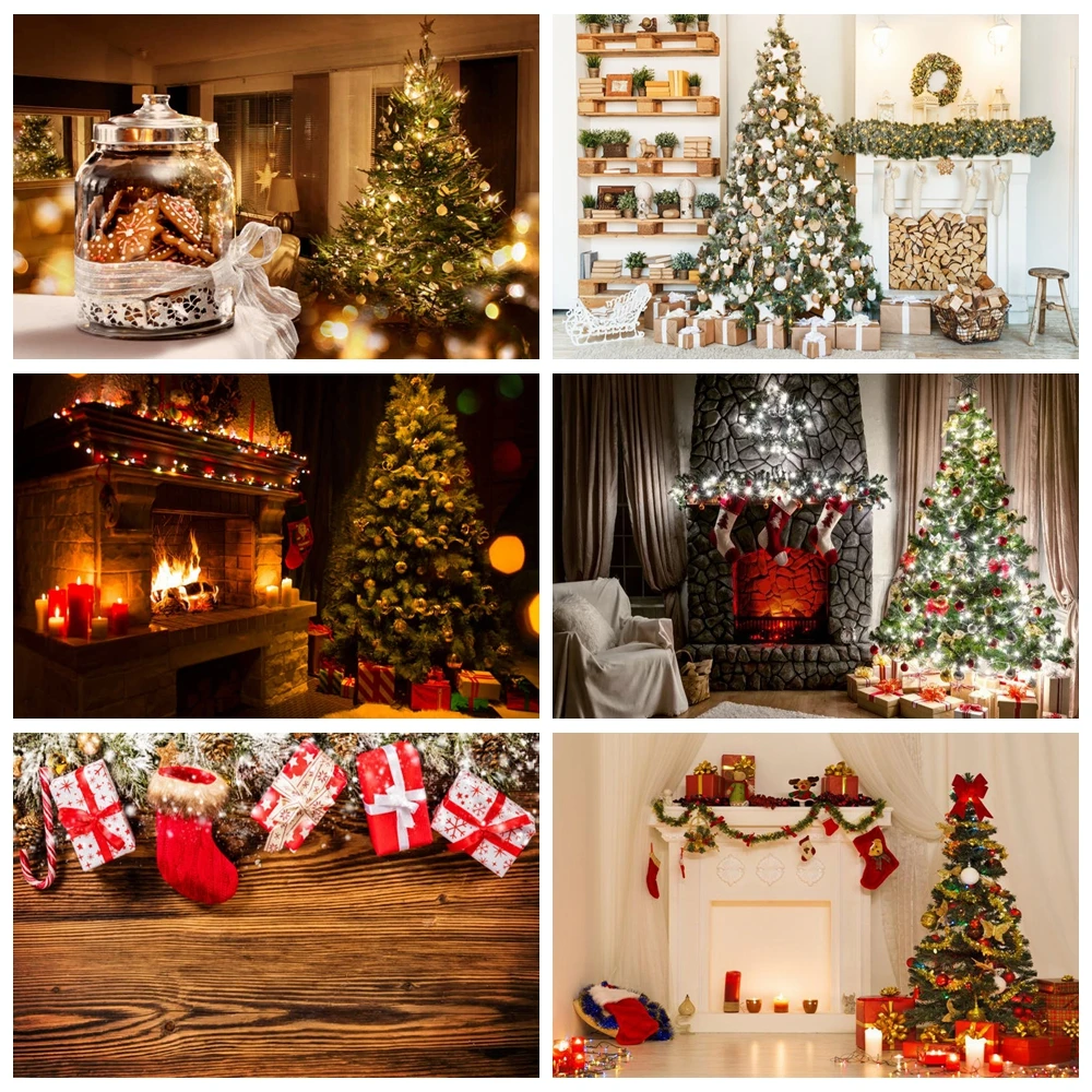 

Christmas Red Background Decoration Props Christmas Tree Stove Photography Studio Portrait Photo Photo Banner Poster Supplies