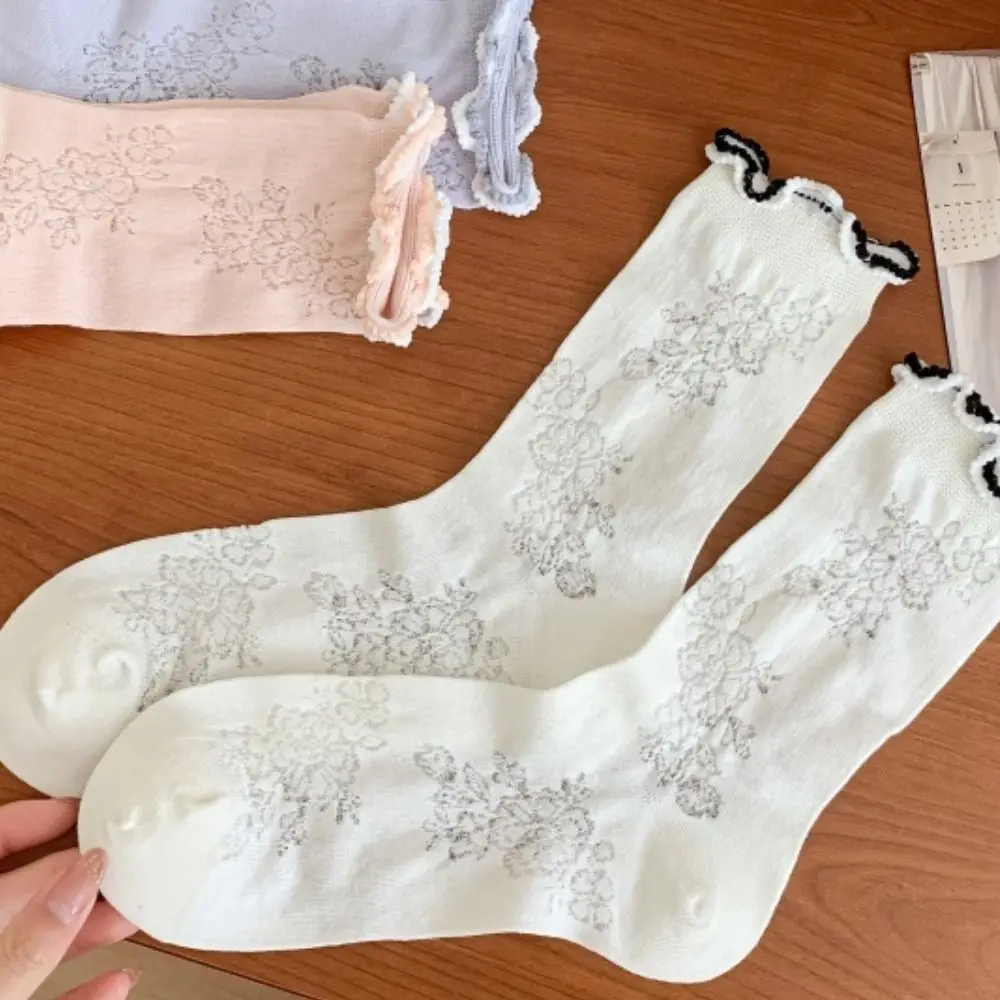 3 pares moda plissado malha flor meias ins estilo respirável meados de tubo meias lolita feminino meias doces feminino streetwear