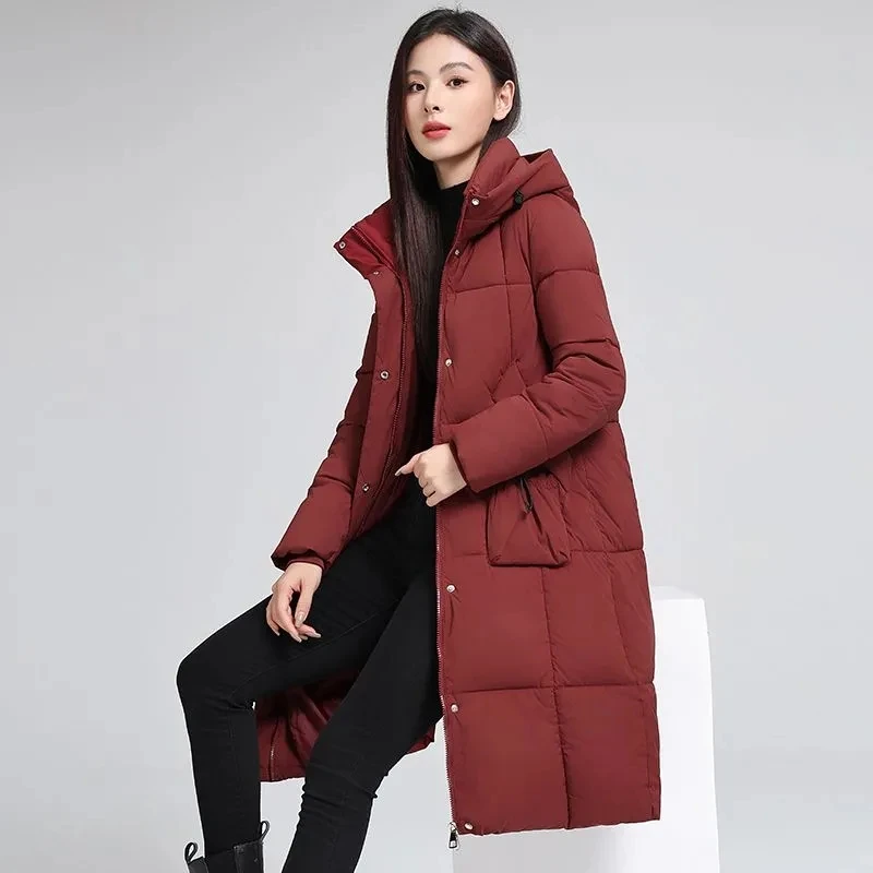 2025 شتاء جديد دافئ القطن وسادة مبطنة المرأة الكورية فضفاضة رشاقته معطف مقنع الإناث يندبروف فضفاض طويل بايك معطف