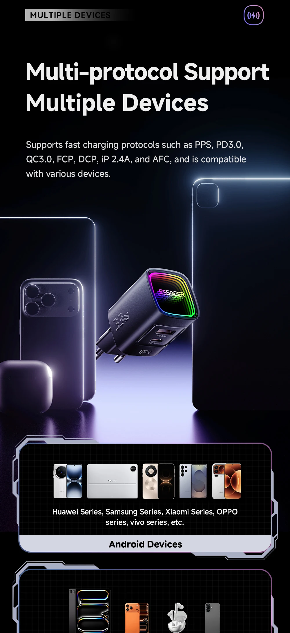 Essager 33W GaN USB Typ-C Ladegerät Tragbares PD-Schnellladegerät für iPhone 17/16/15/14 Pro Max iPad Xiaomi Samsung S25 RGB – Detail 8