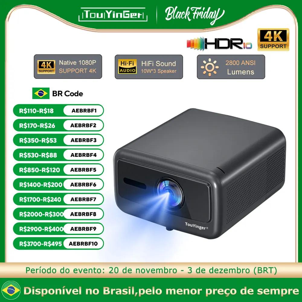 Touyinger Q12W pro 2800ANSI Proiettore Home Theater intelligente Full HD 4K a doppio schermo Wifi Bluetooth