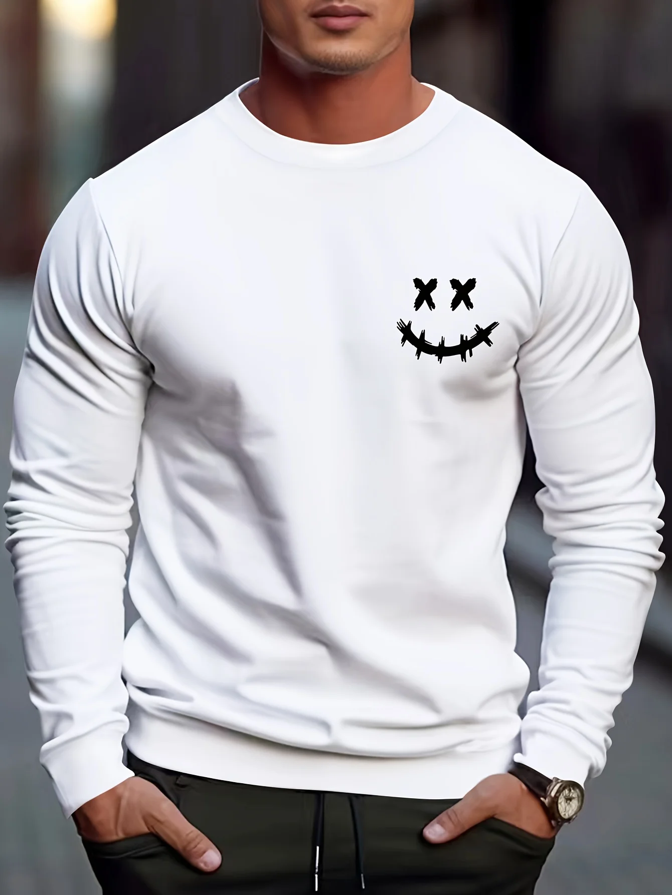 

CrossEyed Smiley Printed Sweater Men's Fall and Winter Casual Pattern Design MicroStretch Round Neck Pullover Long-Sleeved Shirt