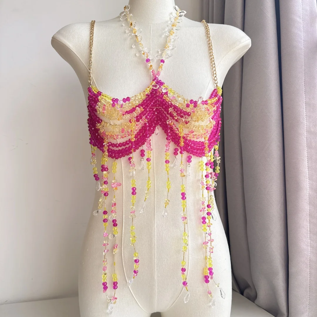 Vrouwen Tops Kralen Hemdje Vest Bikini Bh Top Body Overdreven Parel Hals Bustier Beachwear Lingerie Vrouw Club Rave