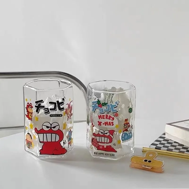 Cartoon Crayon Shin-Chan Crocodile Glass Hexagonal Cup Cola Cup Heat-Resistant Glass Milk Juice Cup Girls Creative Gifts Periphe