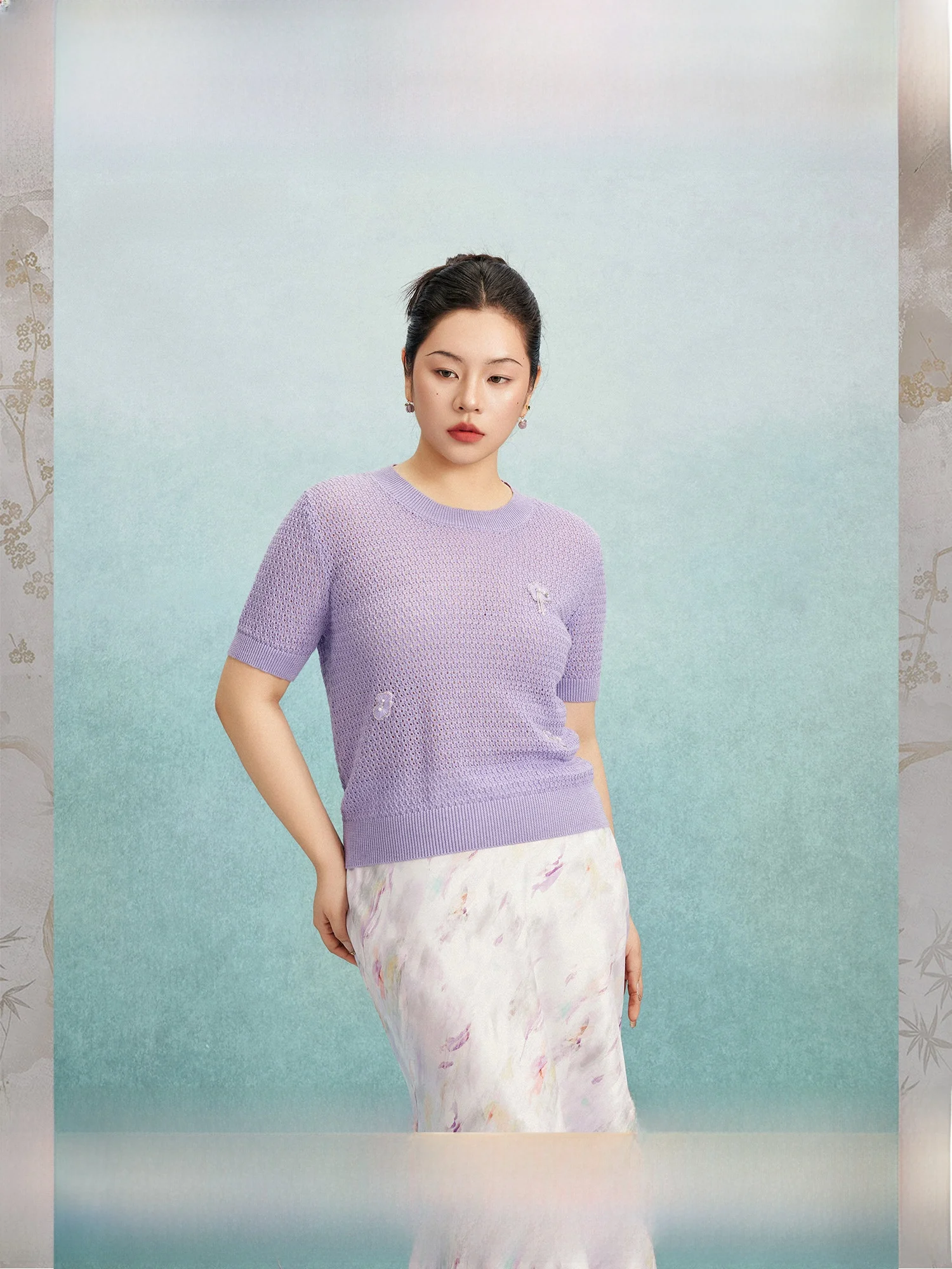 

Plusmall Peach Milk Short Sleeve round Neck Handmade Knitted Loose Fit Top Casual Style Spring Fashion Ladies' Clothing