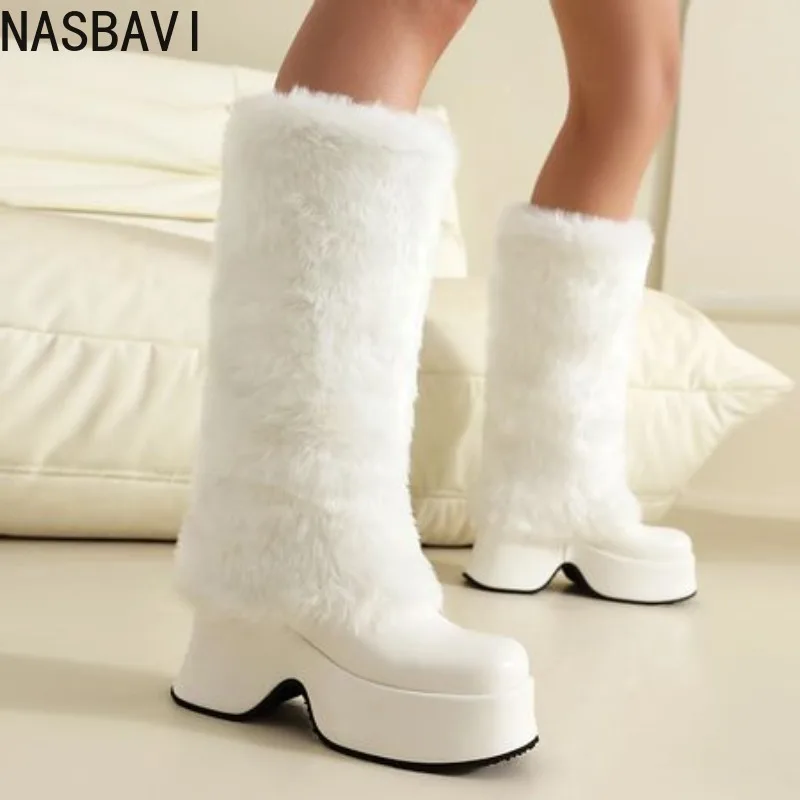 

NASBAVI Flanged Fur Splicing PU Thick Plush Lining Snow Boots Platform Ultra-High Thick Sole Thick Heel Plush Lining Knee Boots