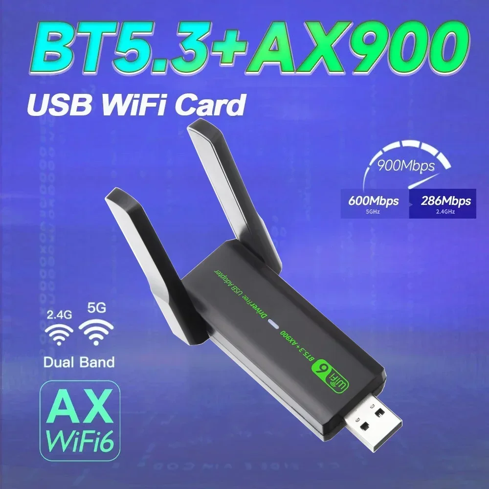 

Dual antenna AX900 USB WiFi 6 Bluetooth 5.3 Adapter 2in1 Dongle Dual Band 2.4G&5GHz USB WiFi Network Wireless Wlan Receiver