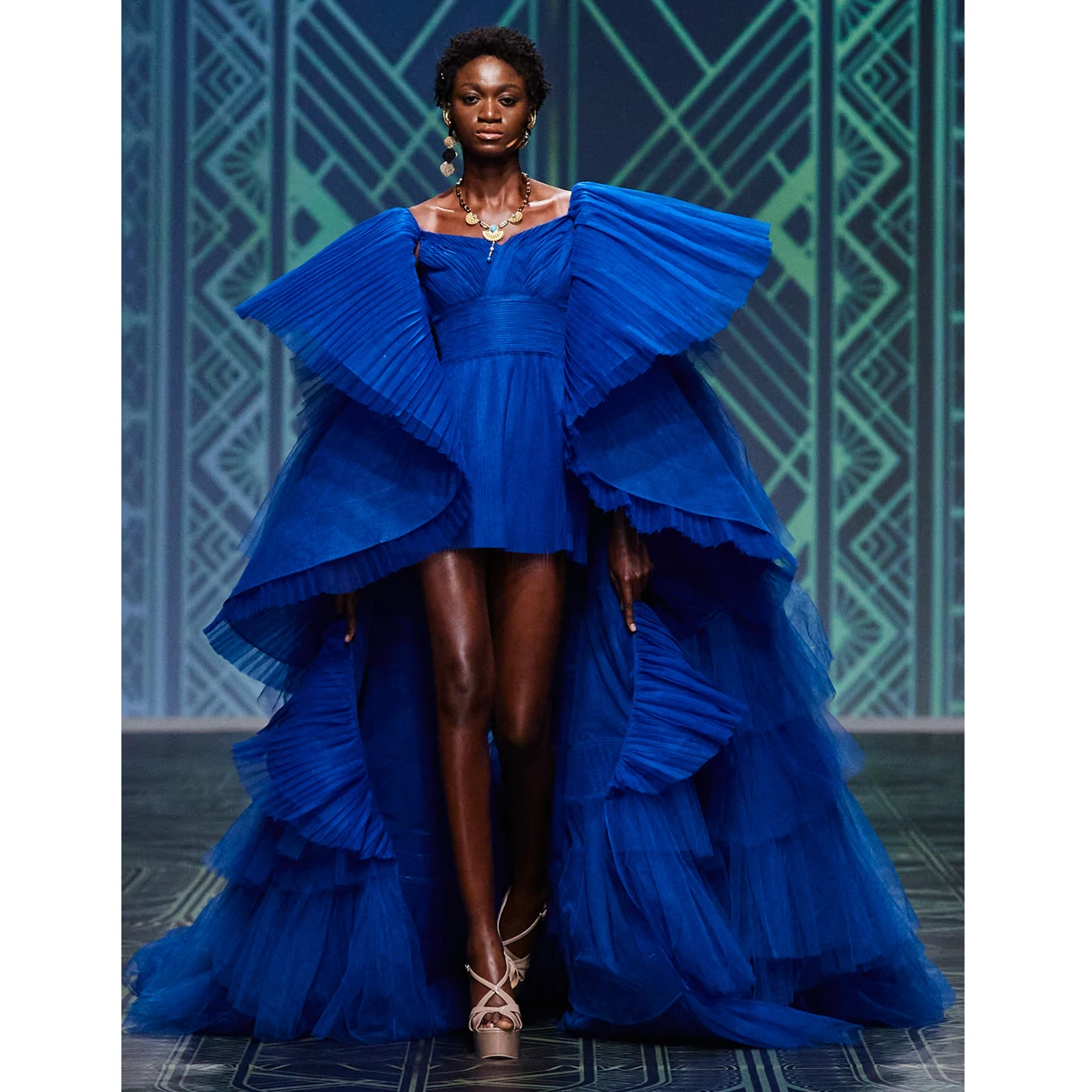 Unique Designed Royal Blue High Low Tulle Long Maxi Dresses Short Batwing Sleeves Tiered Tutu Long Prom Gowns