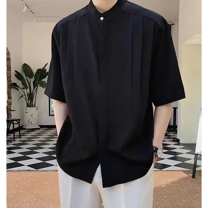 High Quality Stand Collar Shirt for Men Summer Ice Silk Draping Half Sleeves Tops Minimalist Ruffian Handsome Crimp Dress Shirt