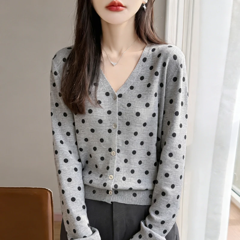 V-neck color matching Tencel linen knit cardigan women's jacquard long-sleeved loose coat top