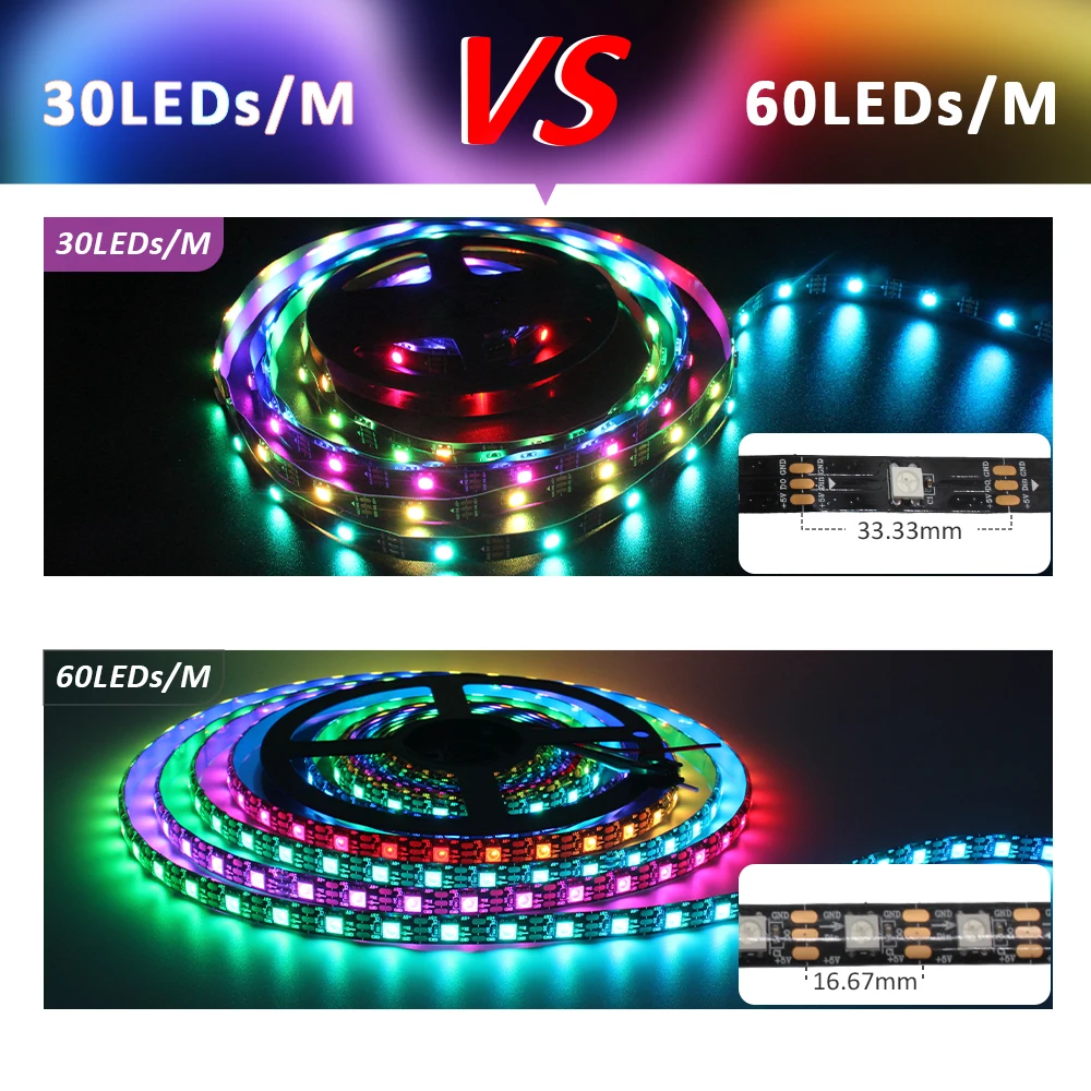 5050 RGB Светодиодная лента Адресная DC 5 В 3-контактная WS2812B IC 60 светодиодов/M 30 светодиодов/M IP30 IP65 Лампа Водонепроницаемая лента Светодиодный чип 5M Цифровой