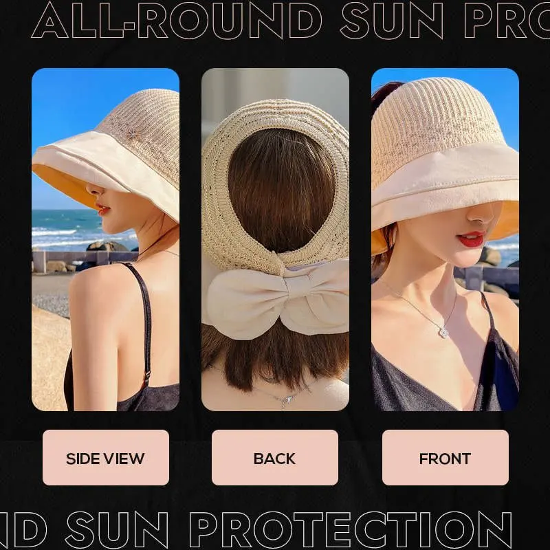 Summer Fashion Wide Brim Sun Hat Travel outdoor adjustable omnidirectional sunscreen fashion gold thread bow knit hat