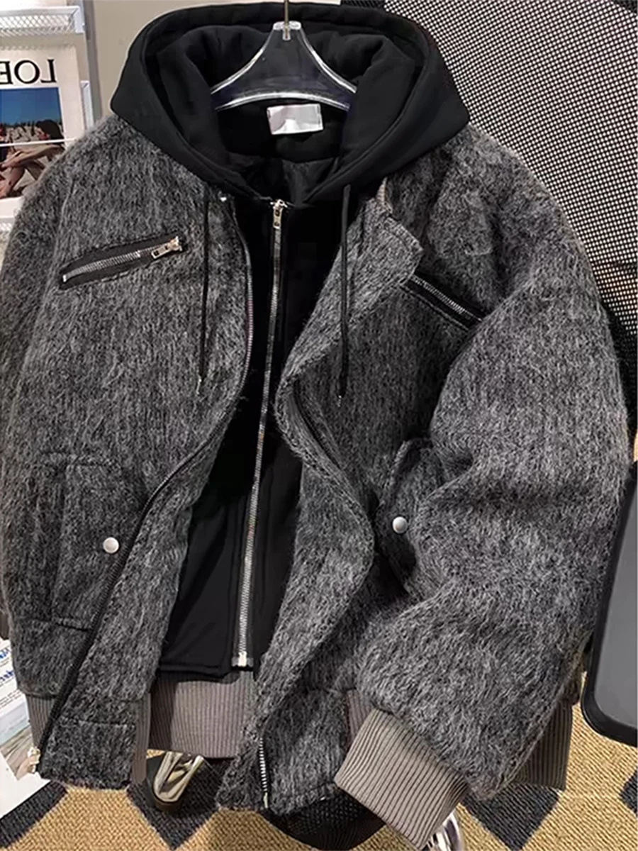 

Мужская утепленная шерстяная куртка на молнии с декоративными элементами, повседневная модная рабочая одежда, черное пальто с вставками, молодежная популярная верхняя одежда
