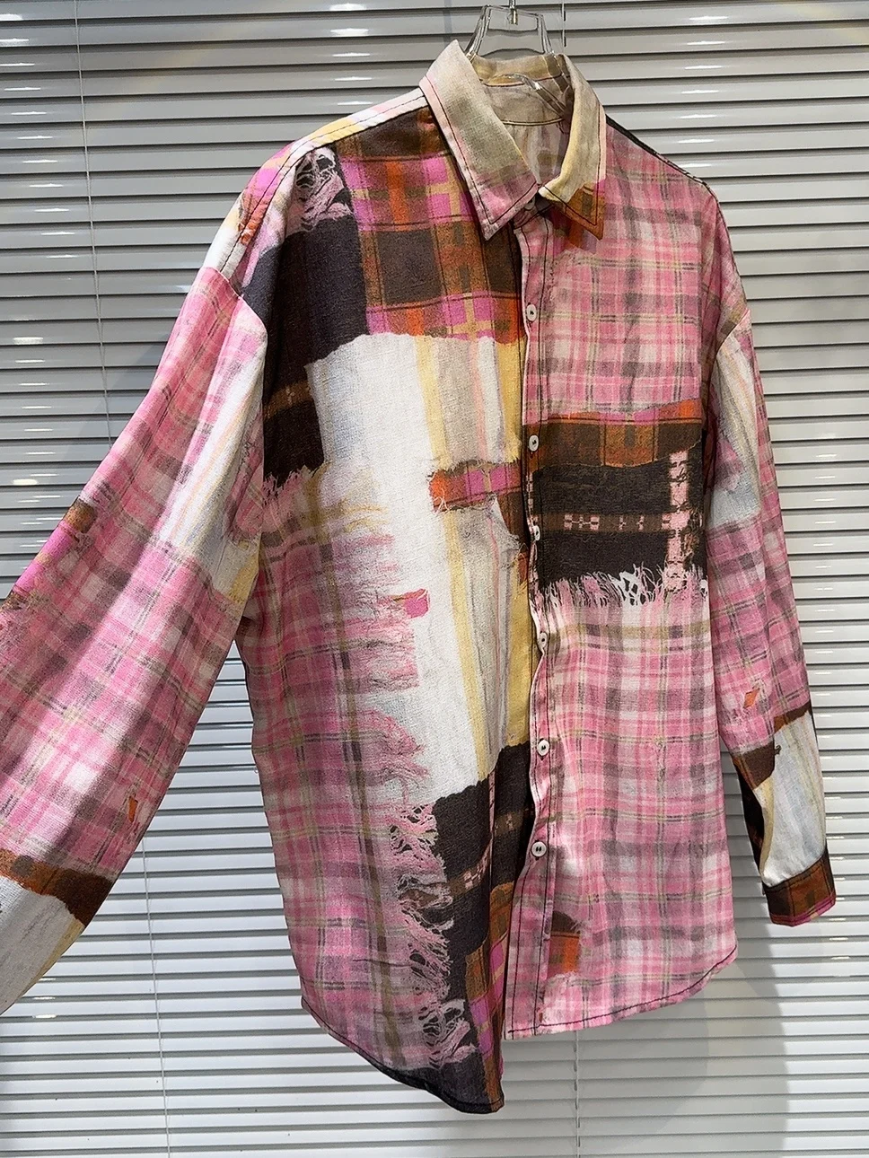 Losse Amerikaanse Sle Hot Girl Hand Dn fiti Plaid Patroon Street Trend irt Casual Sle Polyester Fiber Long Sve P...