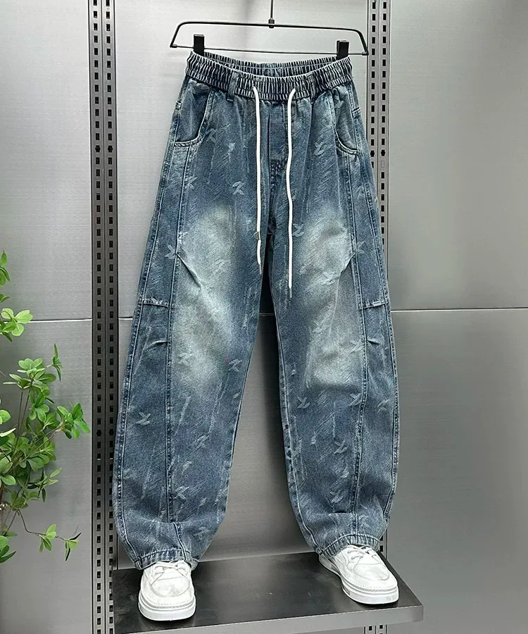 Men's Jeans 2026 New Style Straight Leg Long Pants American Loose Casual Trousers Gradient washed drawstring wide-leg men's jean