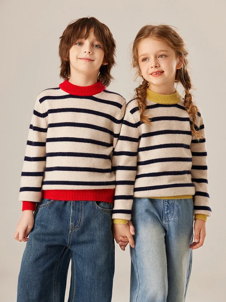 Tcyeek Autumn Winter Children's 100% Cashmere Sweater Striped Mock Neck Pullover Thick Warm Cashmere Knit Clothes For Kids