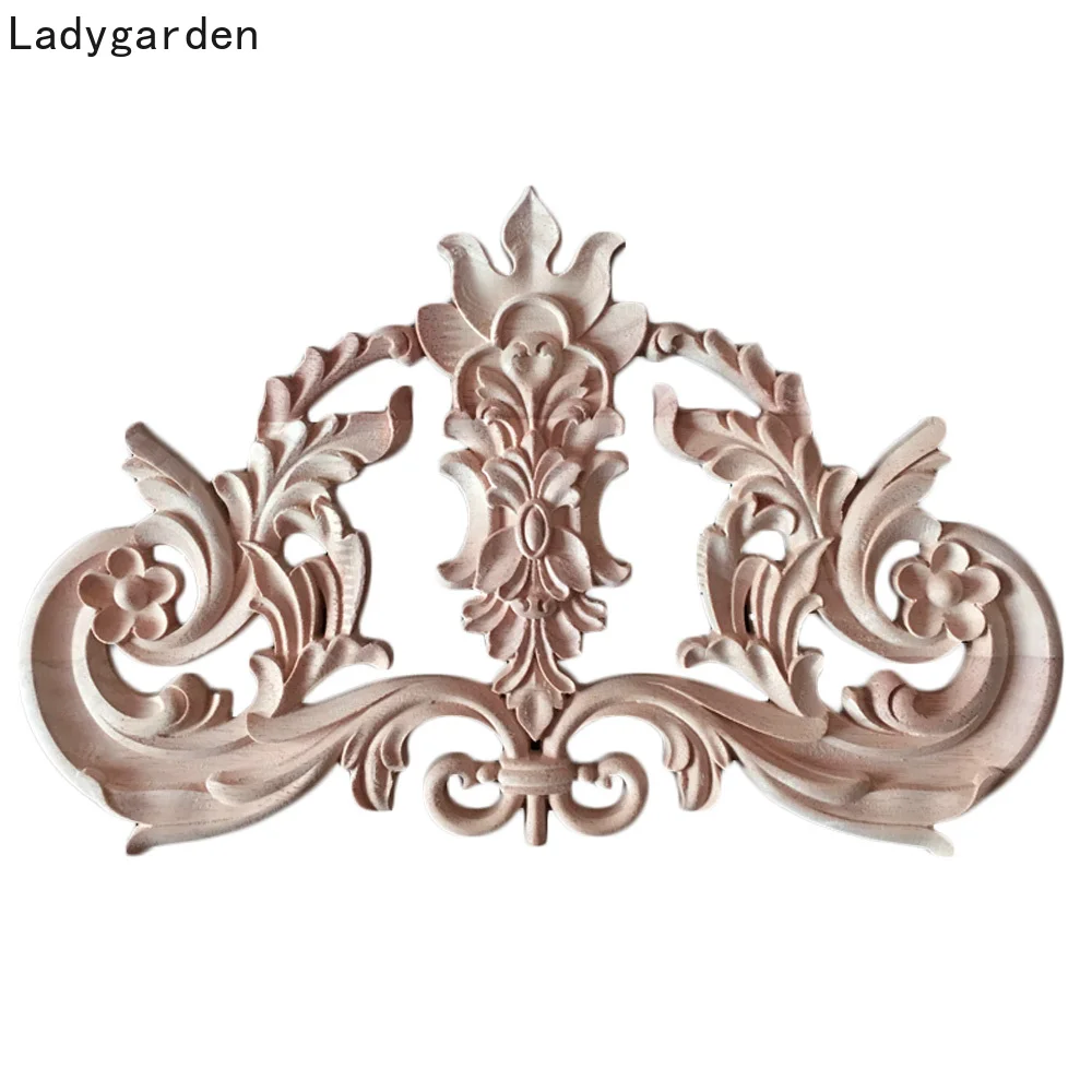 1PC Retro Natural Wood Applique Onlay Decal Rubber Figurines Decoration Floral Large Rose Crown Leaves Vintage Home Decor