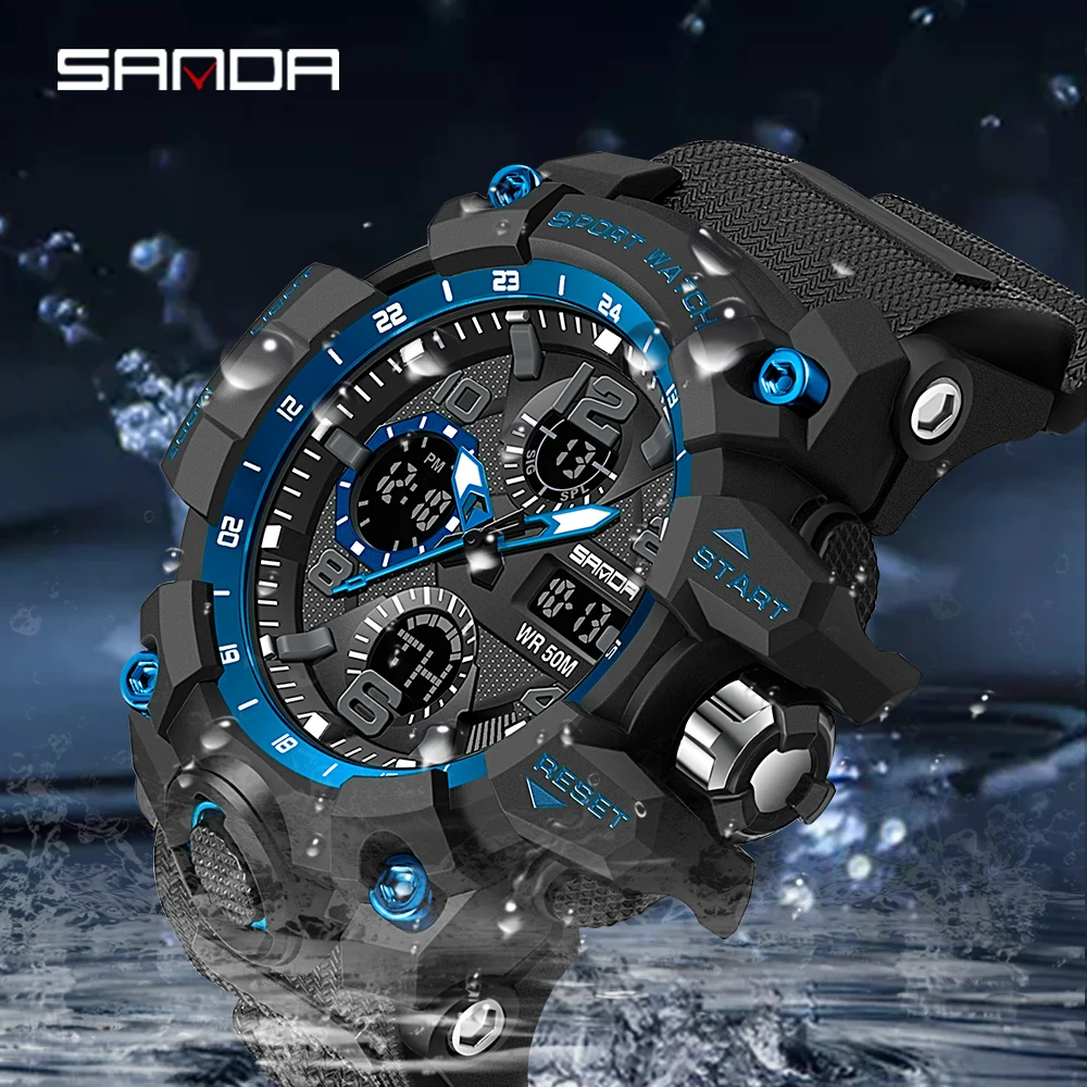 SANDA 6021 Fashion Men Electronic Watch Sport Multi Functional Waterproof LED Dual Display Men's Electronic Watch Reloj Hombre