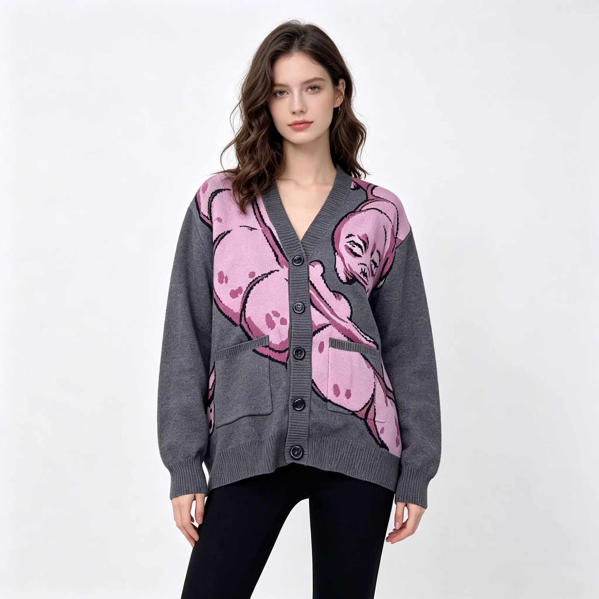 Y2K cardigan V-neck buttoned long sleeved knitted sweater loose streetwear knitted jacket 2026 autumn/winter women's clothing