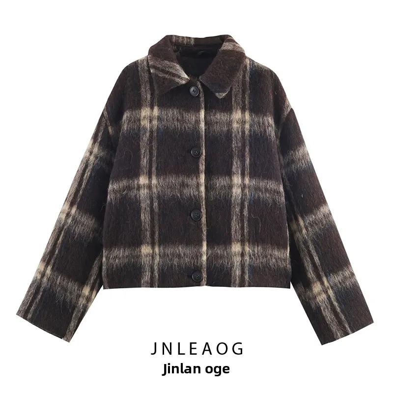 JNLEAOG 패셔너블한 체크무늬 재킷 여성용 가을 신상 캐주얼 허리 조임 폴리에스터 코트 버튼 디테일