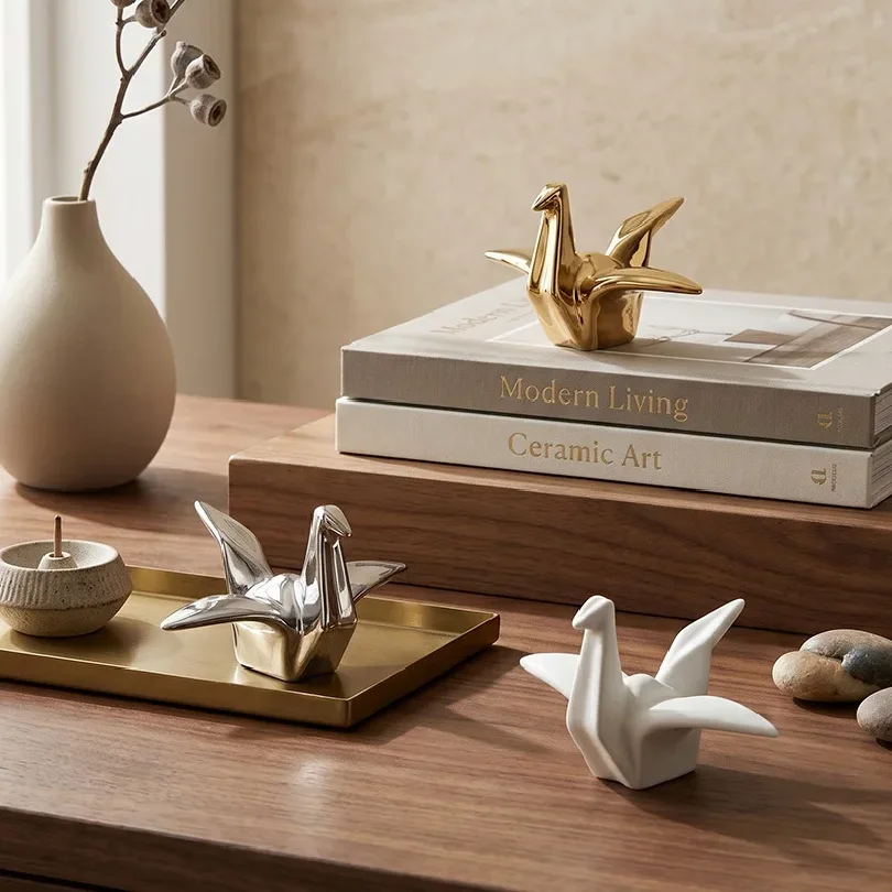 Ceramic Origami Crane Figurine Modern Bird Statue Home Decor Porcelain Crane Ornament for Living Room Bedroom Office Desktop