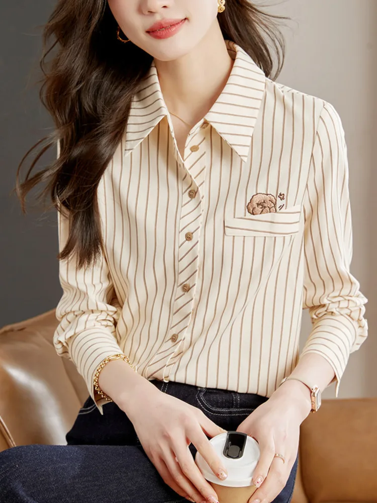 #3258 Striped Shirts Long Sleeve Embroidery Office Shirts Women Single Breasted Womens Tops And Blouses Regular Fit France Style