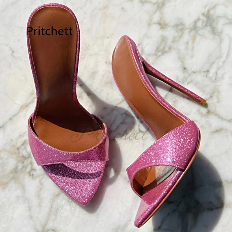 Bling Puntige Neus Roze Stiletto Slippers Voor Vrouwen Zoete Open Teen 12Cm Hoge Hakken Zomer Buiten Schoenen Mode Feestschoenen