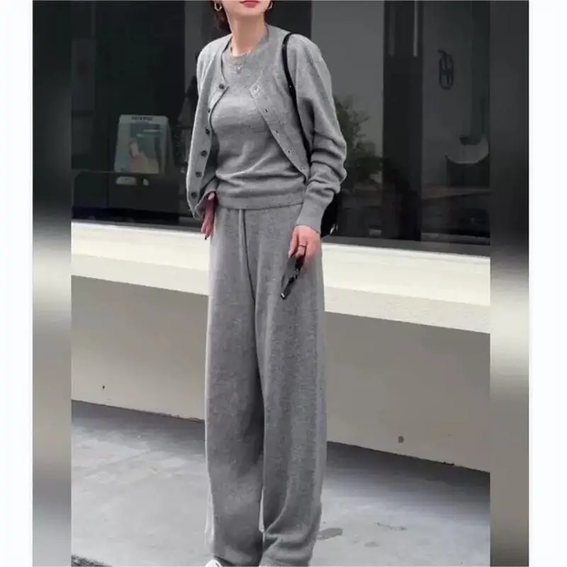 2024 Fashion and Leisure Three Piece Set Autumn and Winter Simple  Tank Top Opener Wide Leg Pants Knitted Set for Women