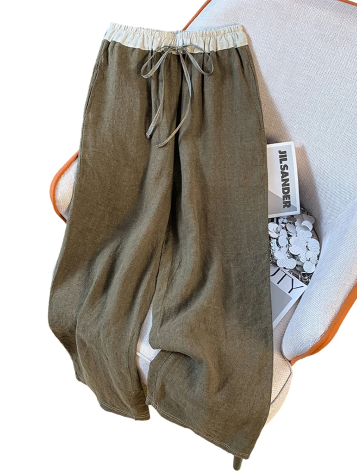 Calças de linho de algodão perna larga feminina cintura alta solta com cinto artístico vintage sle casual calças compridas outono faion