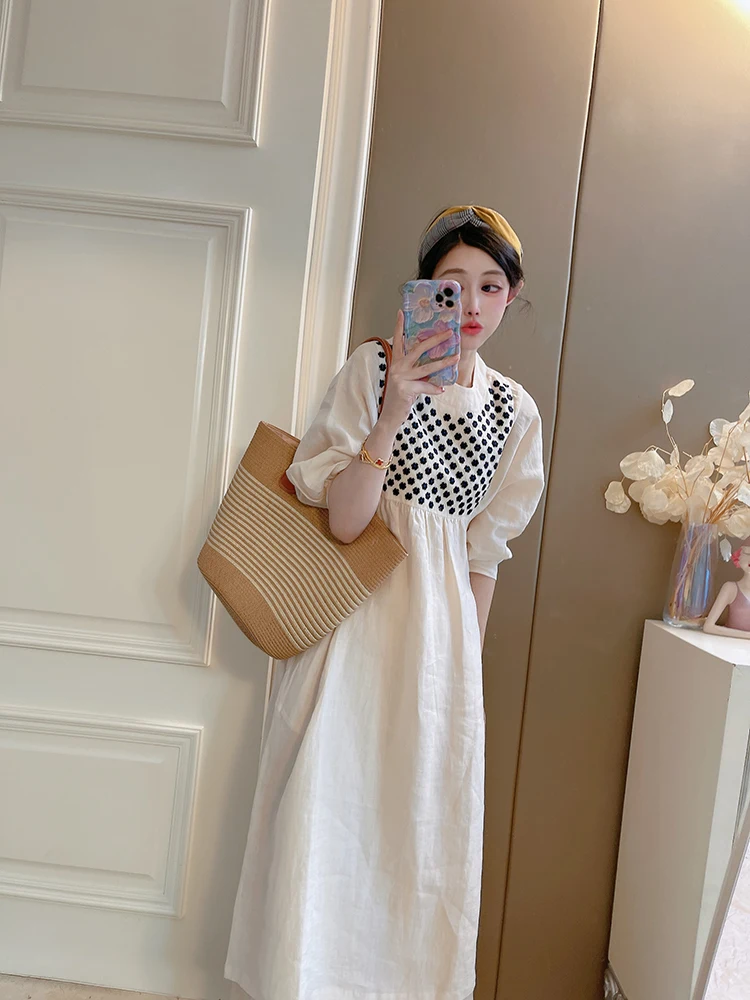 

Original Design Heavy Embroidery Pure Flax Summer Midi Dr Loose Robe Sle Long Sve round Ne H-ape A-Line Dr