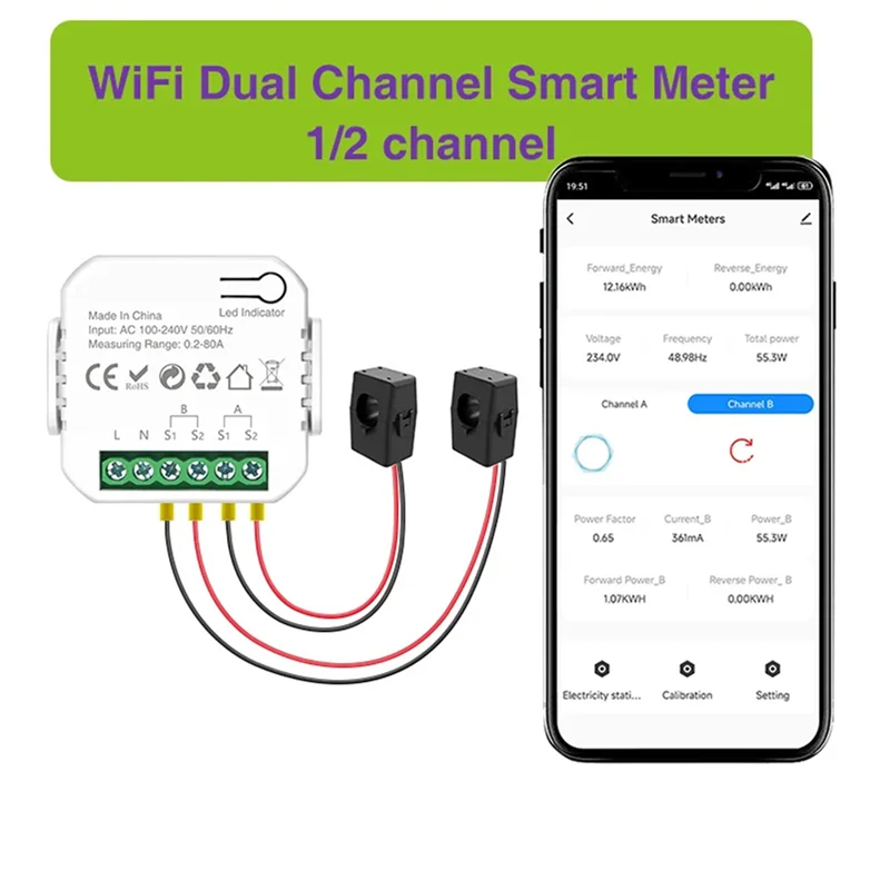 

ABJO-2X Tuya Wi-Fi умный измеритель мощности с зажимом трансформатора тока 2-канальный счетчик энергии 80А ваттметр для умного дома