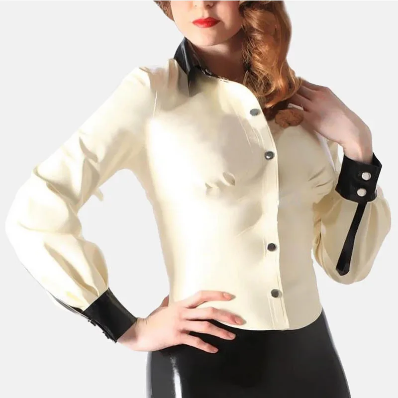 Latex Women Shirt White Rubber Top Fashion Costomes Female Turn-down Collar Casual Latex Shirts