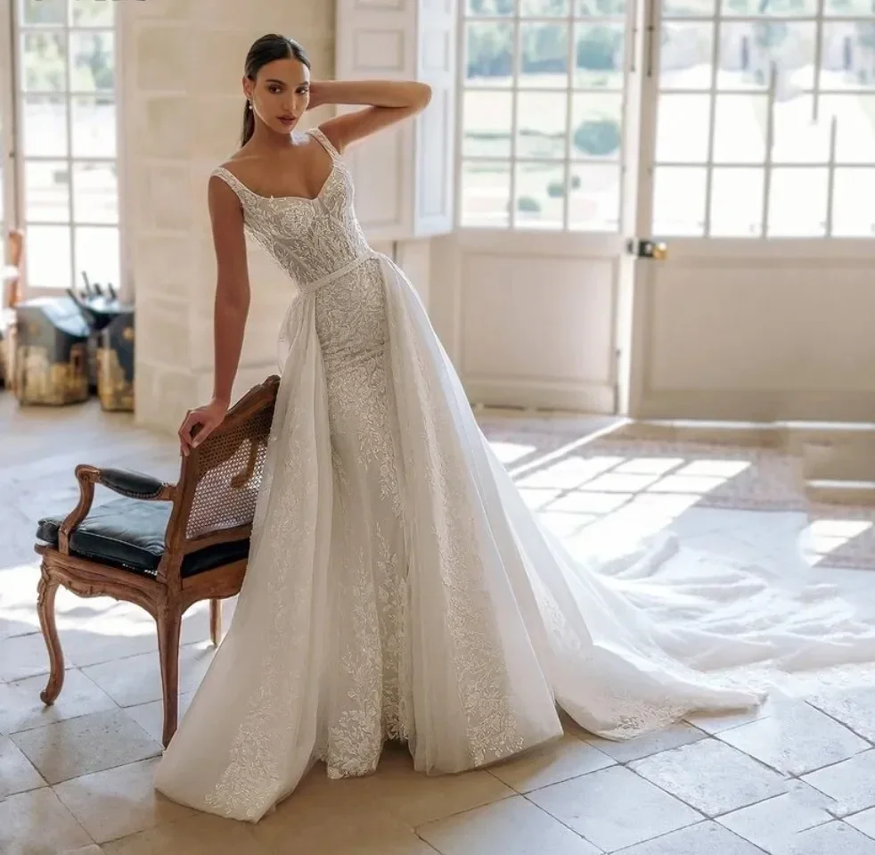 Off the Shoulder Mermaid Wedding Dresses with Detachable Train Luxury Vestido De Noiva Sereia Beading Lace Robe Mariage