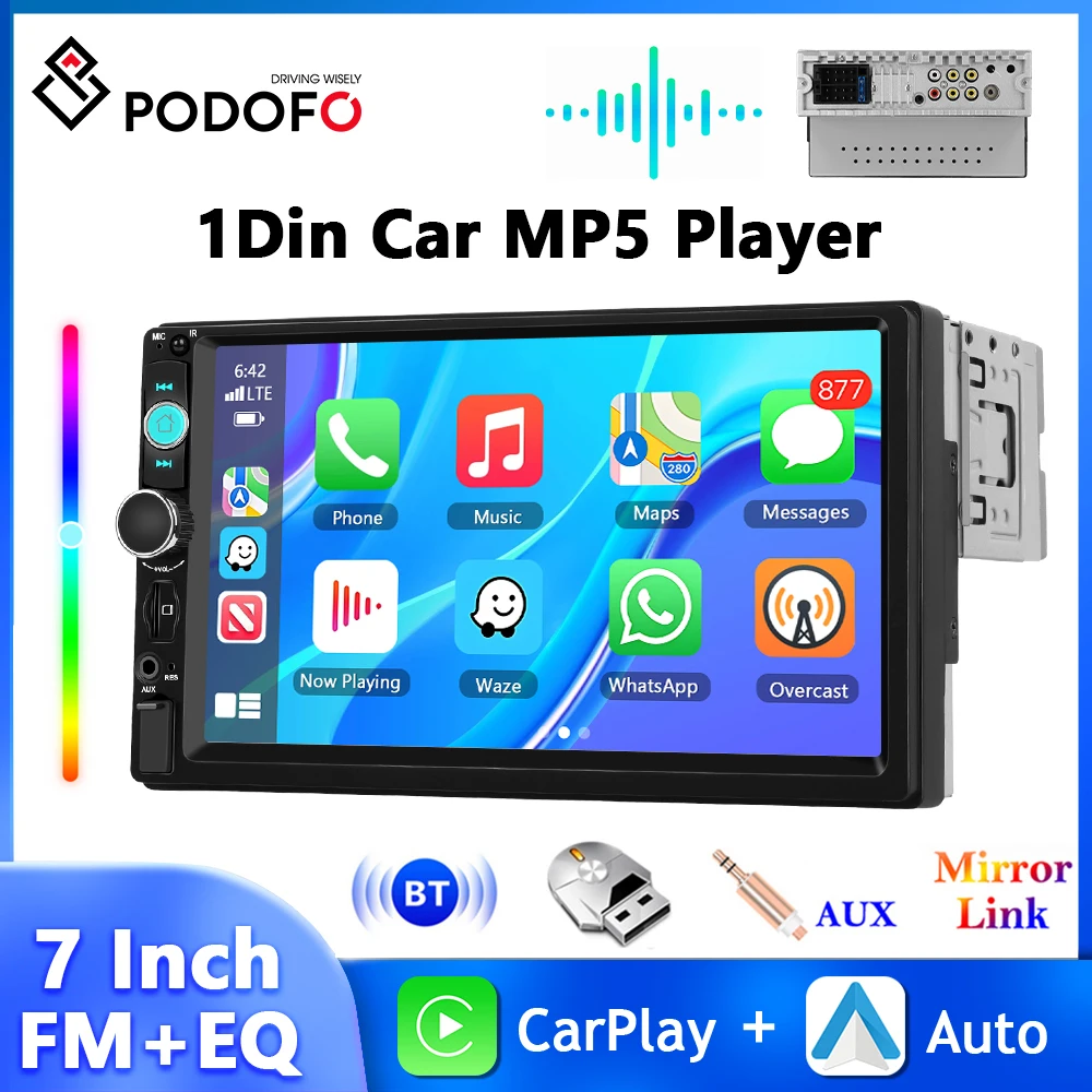 

Podofo 1Din MP5 Player 7'' Car Radio Wireless Carplay Android Auto Bluetooth Mirror Link USB FM EQ AUX Audio Multimedia Player