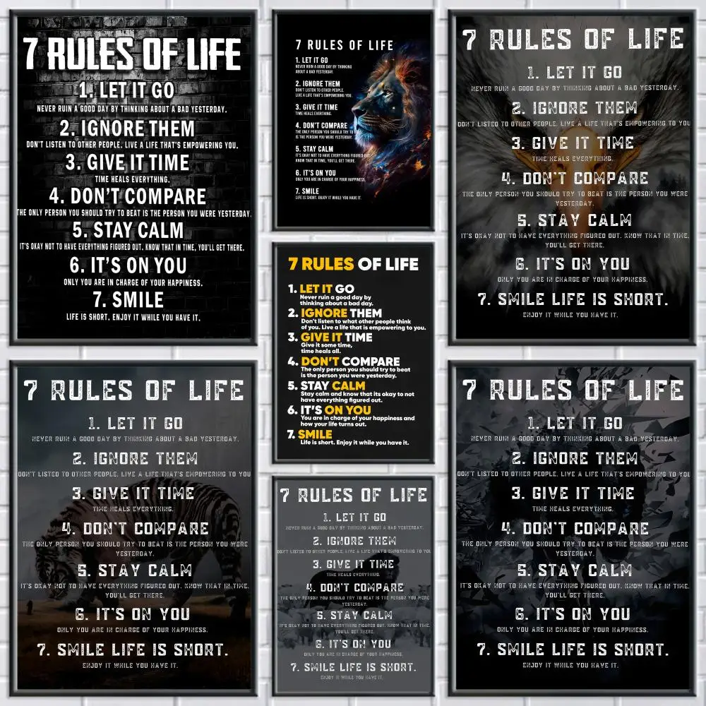 （2D Canvas painting） 7 Rules Of Life Motivation Poster Modern and Elegant Wall Stickers for Home Decor Living Room Dormitory