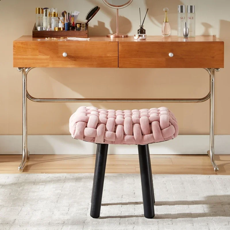 

PK60: Nordic Wooden Pink Makeup Stool, Soft Upholstered Seat, Saddle Stool for Bedroom, Pink Velvet Chair, Cozy Home Accent