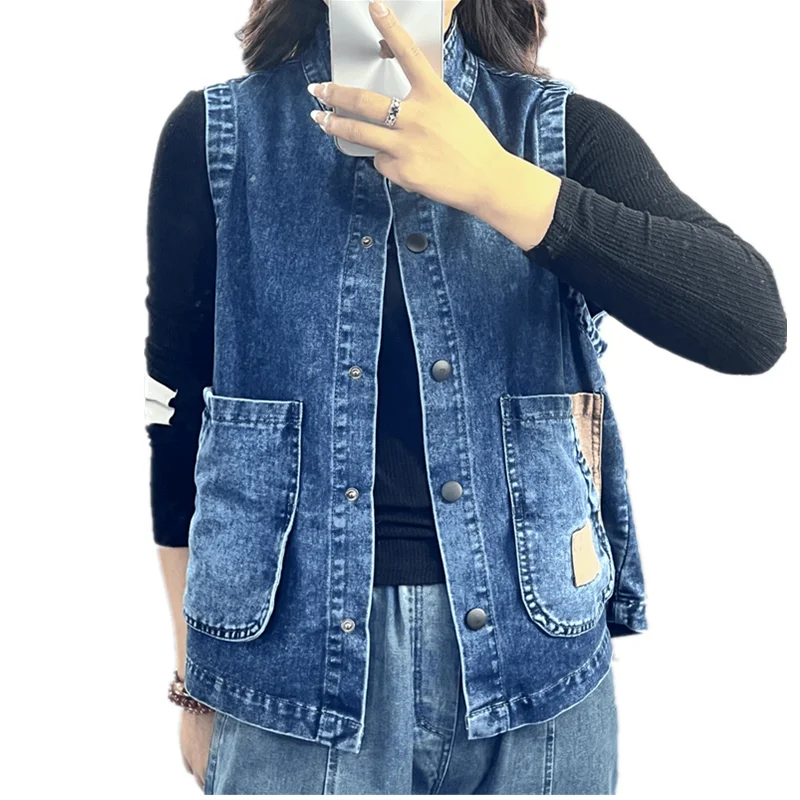 Vintage Denim vest women 2024 spring and autumn new paste cloth casual sleeveless coat jacket Female loose jeans Waistcoat T453