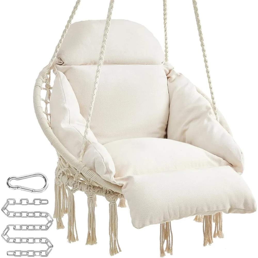 

Hammock Chair with Large, Thick Cushion, Boho Swing Chair for Bedroom, Patio, Balcony, Garden, Holds up to 264 lb