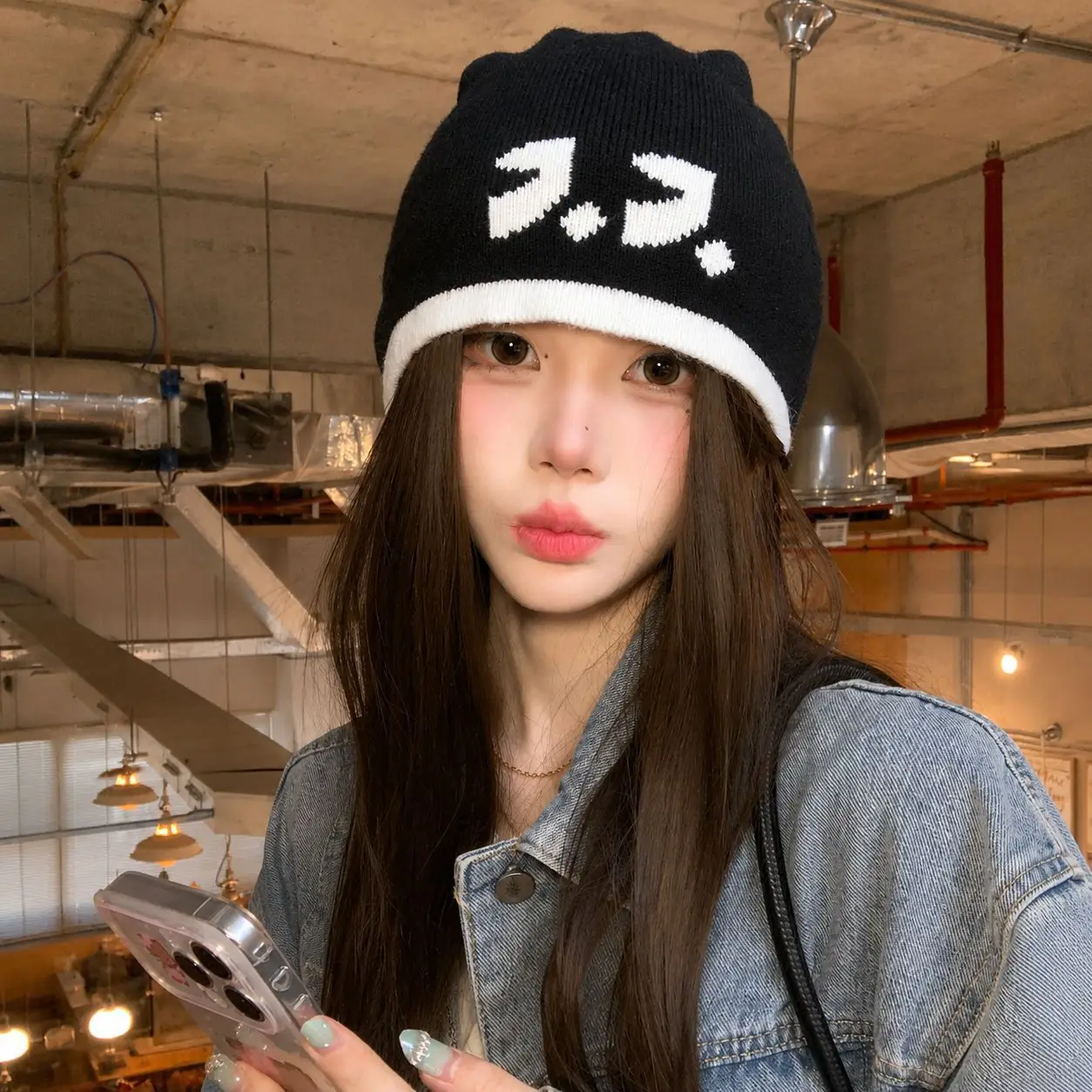 Women Cartoon Funny Expression Jacquard Knit Beanie Y2k Contrasting Ribbed Edges Slouchy Hat Men Winte Couple HipHop Graphic Cap