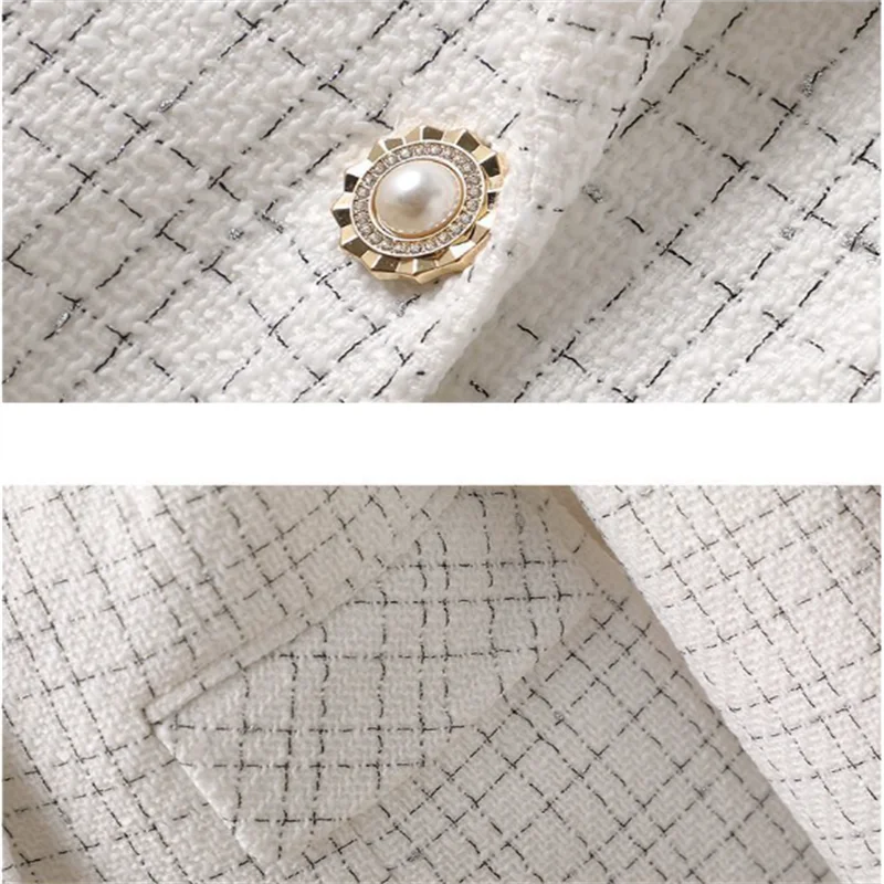 Wit Jasje Dames Eenvoudig Kantoor Dames Blazers Lente Herfst Vrouw Jassen Geruite Zak Uitloper Elegante Vrouwelijke Pakken
